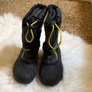 Sorel Kids Black and Neon Yellow Snow Boots